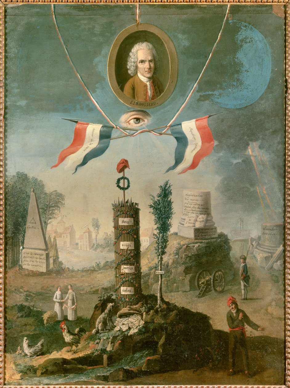 Revolutionary Allegory: Portrait of Jean Jacques Rousseau with symbols of revolution by Nicolas Henri Jeaurat de Bertry