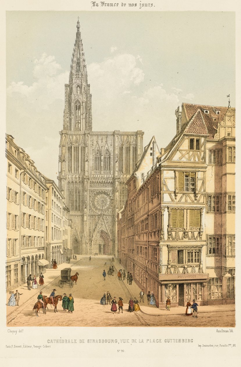 The Rue Mercière and West Front of Strasbourg Cathedral by Nicolas Marie Joseph (after) Chapuy