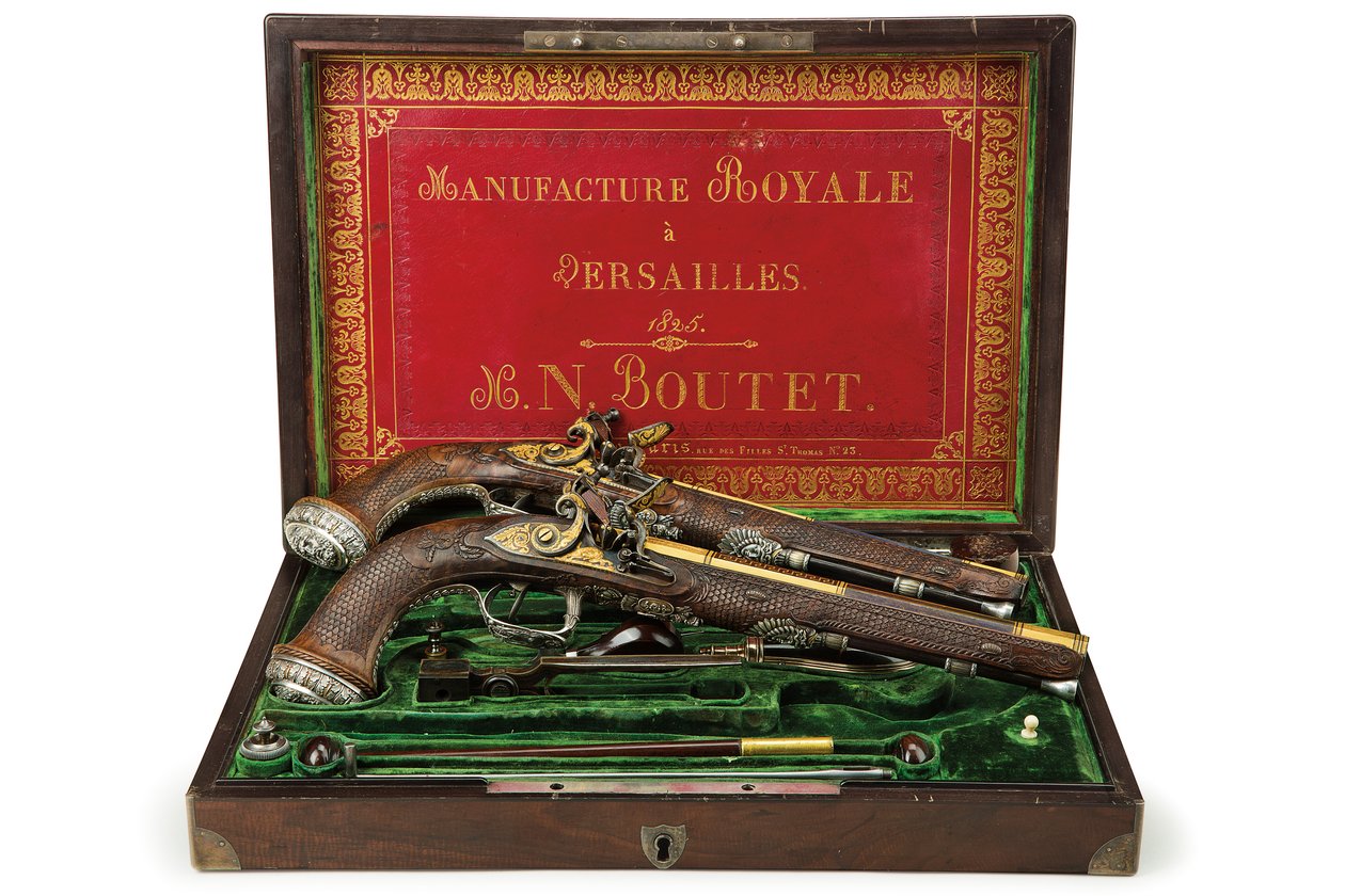 A Pair of Silver-Mounted Rifled Flintlock Pistols, Versailles by Nicolas Noel Boutet