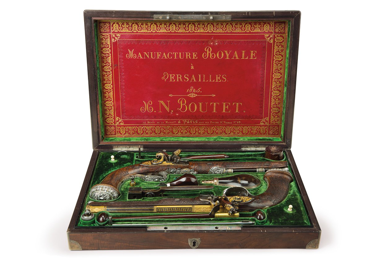 A pair of silver-mounted rifled flintlock pistols, Versailles by Nicolas Noel Boutet