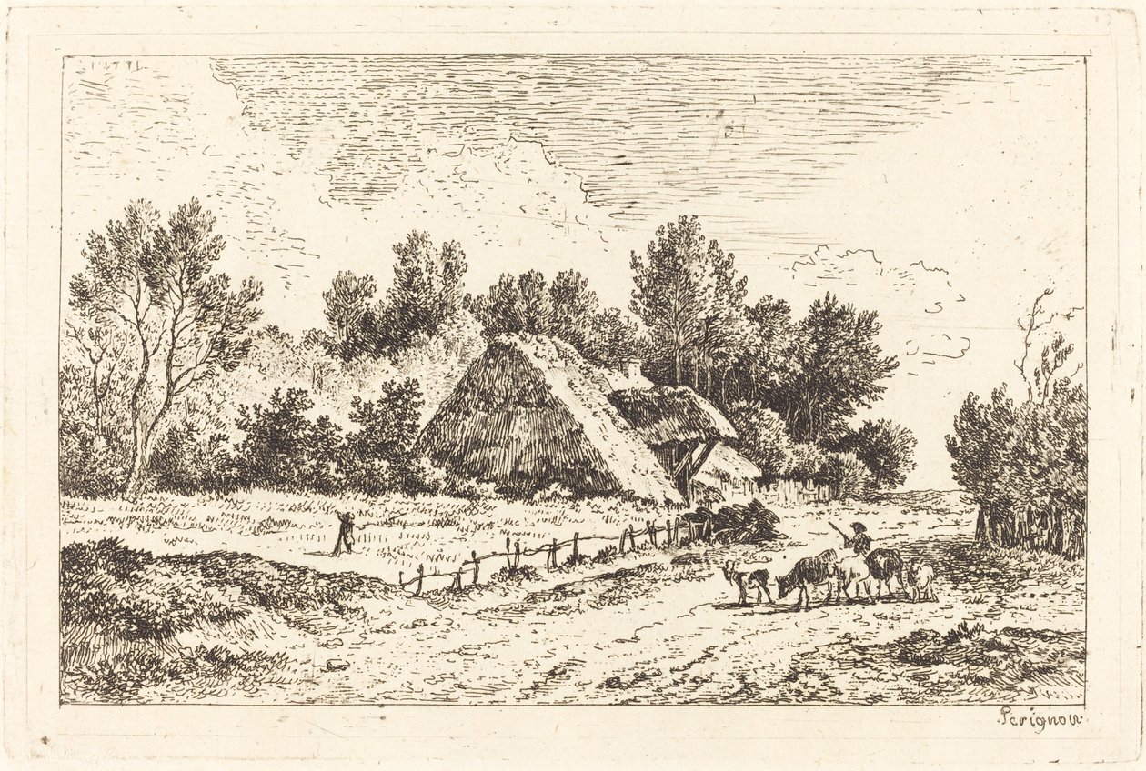 A Low Cottage with a Herdsman Leading His Flock by Nicolas Perignon