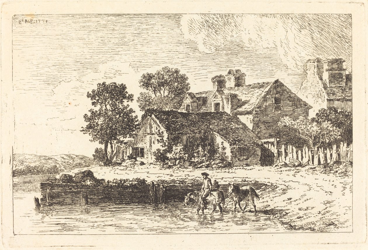 Horses Being Led to Water on a Winding Riverbank by Nicolas Perignon