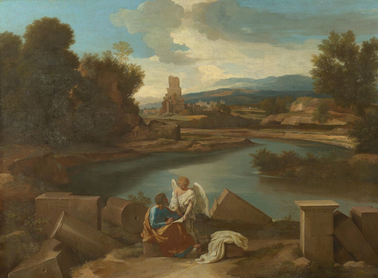 Landscape from the Roman Campagna, with Matthew and the Angel by Nicolas Poussin