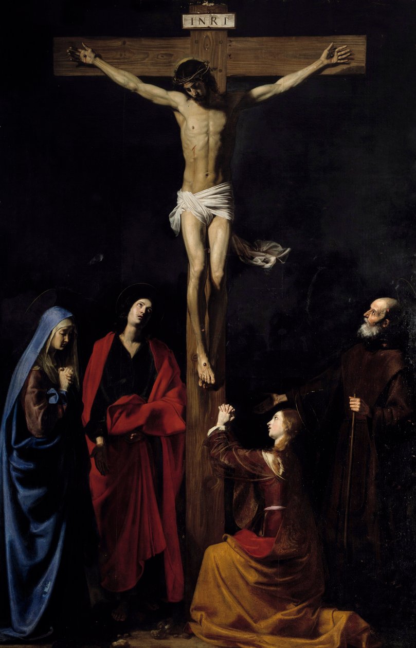 Christ on the cross, the Virgin, the Madeleine, Saint John and Saint Vincent de Paul. Inscription 