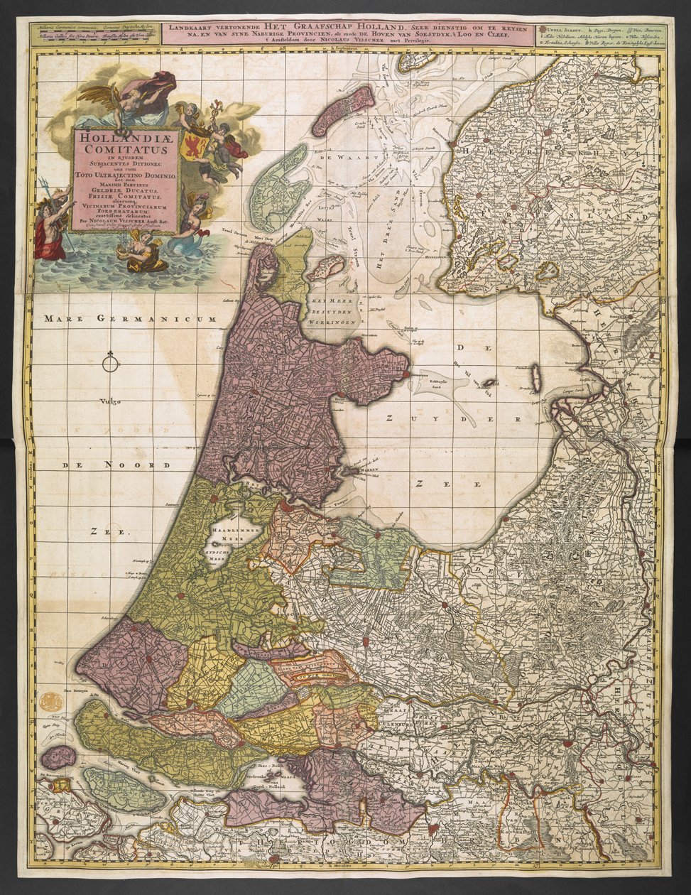 Map of Holland, showing settlements, marshes, woodlands, hills, roads, rivers and other geographical features. Shows title in a decorative cartouche to the upper left with Fame, Neptune and Thetis accompanied by putti bearing the arms of the United Provinc by Nicolas Visscher