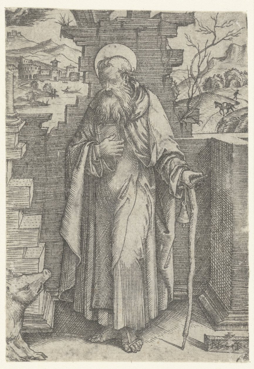 Saint Anthony the Great with Tau Cross and Pig by Nicoletto da Modena