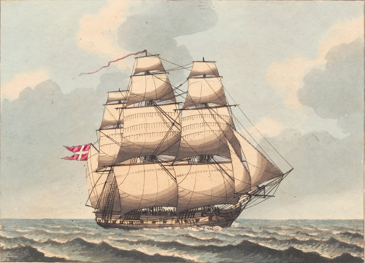 A Danish frigate, seen in lee, with side wind by Niels Truslew