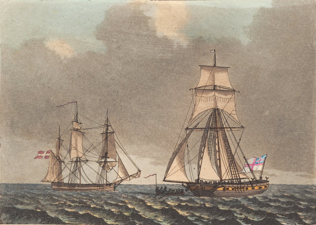 An English Privateer Inspecting a Danish Ship that is Firing Up by Niels Truslew