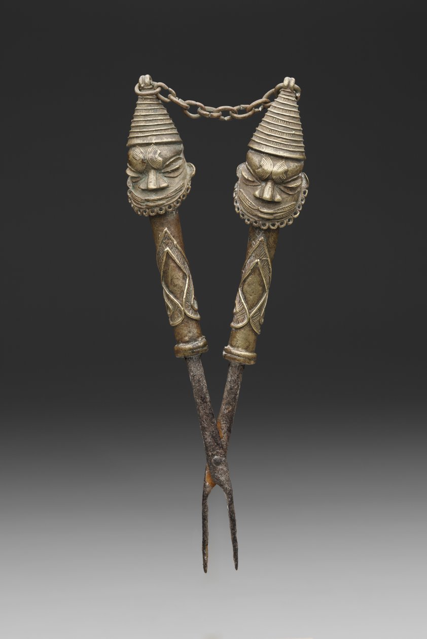 Figurated tongs for Oshugbo Society rituals by Nigerian Nigerian