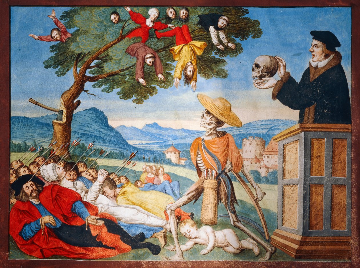 Death Going into Action with His Scythe and Men Fall Like Dead Leaves, Sermon of Memento Mori from the Dance of Death Cycle by Albrecht Kauw by Niklaus Manuel