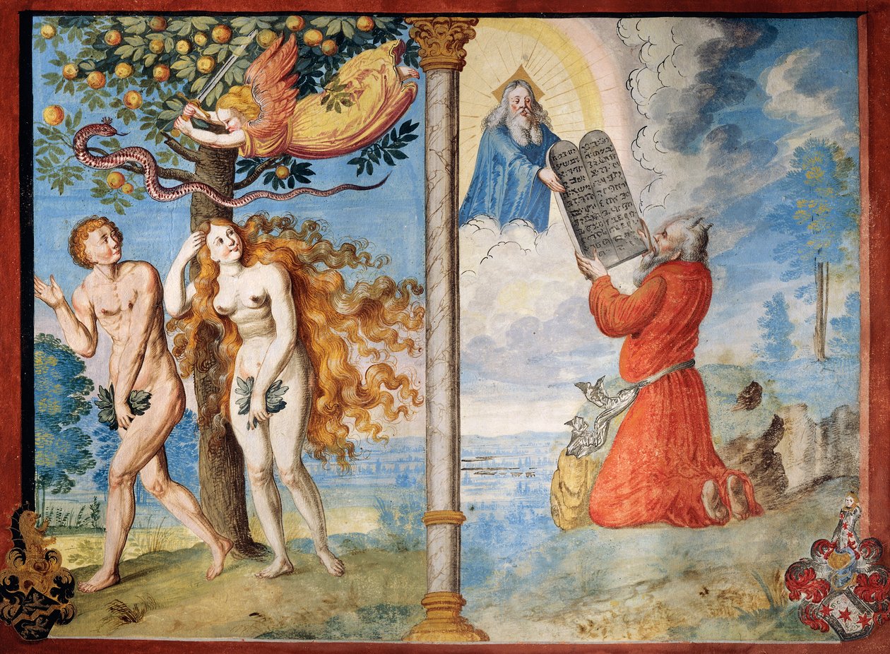 Expulsion of Adam and Eve from Eden and Moses receiving the Tablets, from the Dance of Death cycle by Niklaus Manuel
