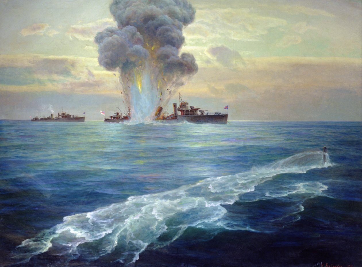 British destroyer Vittoria torpedoed by the Bolshevik submarine Pantera off the island of Seiskari on 1st September 1919, 1939 by Nikolai Evlampievich Bublikov