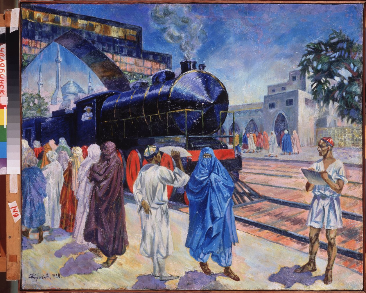 The First Train. In a Central Asian Station, with a Mosque in the Background, the Arrival of the Steam Train, Travelers on the Platform Heading to Board, Under the Watchful Eye of the Railway Employee. by Nikolai Afanasyevich Rusakov