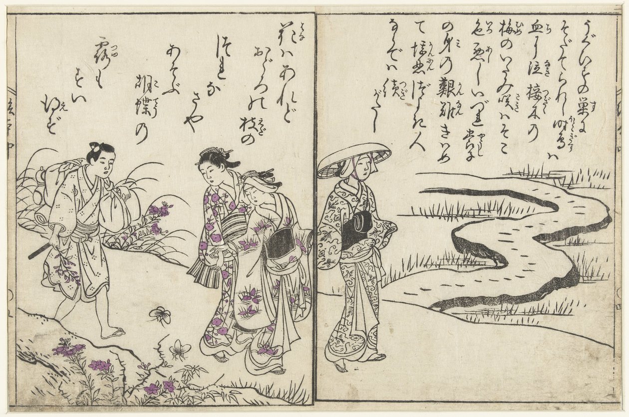 Walkers in a Landscape with Flowers by Nishikawa Sukenobu (attributed to)