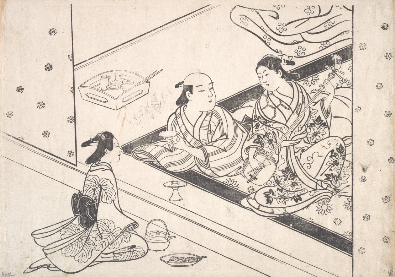 Lady Playing Shamisen, with Her Lover and Attendant Nearby by Nishikawa Sukenobu
