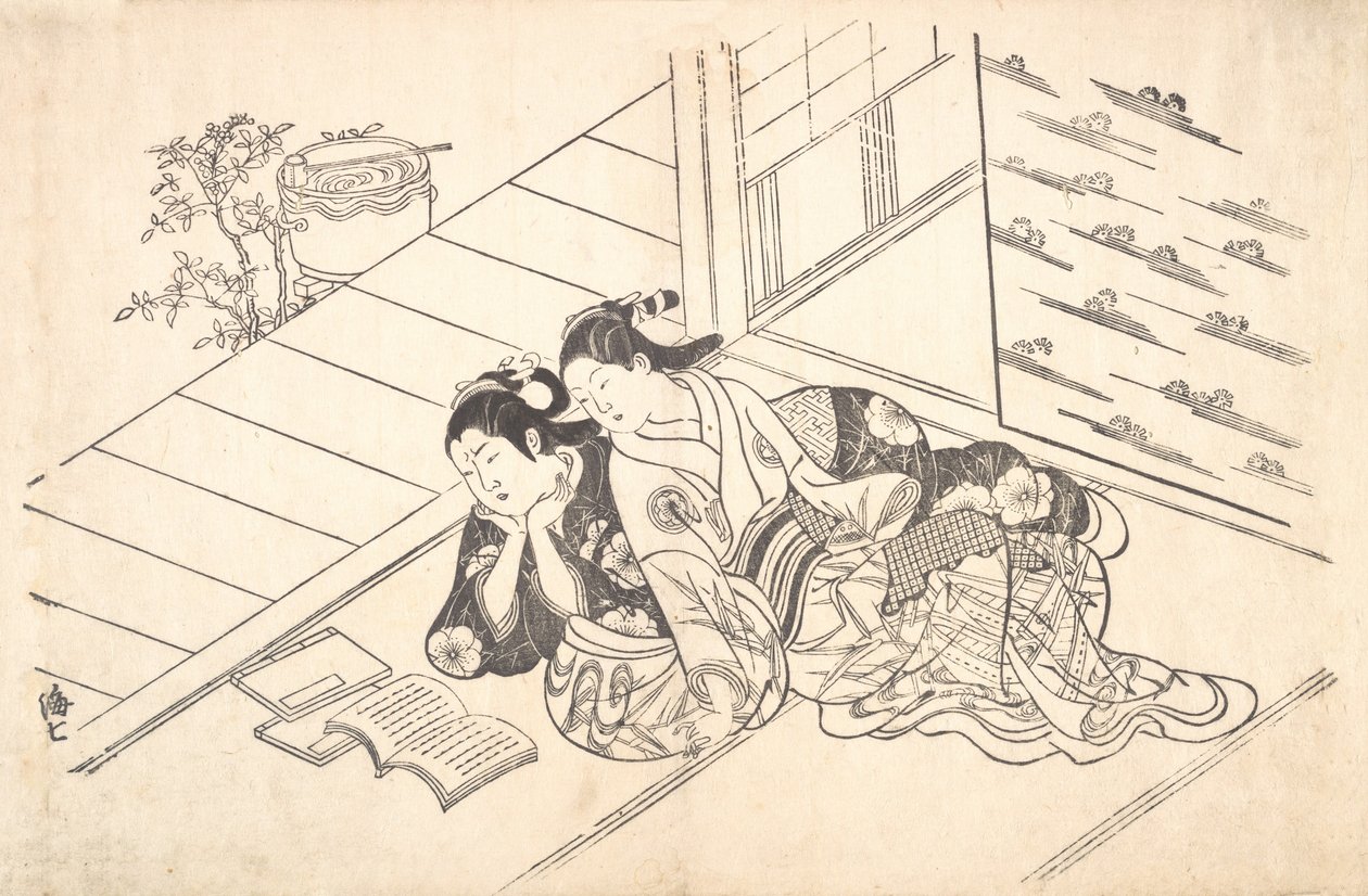 Two Women Reclining on the Floor of a Room and Reading a Book, ca. 1730 by Nishikawa Sukenobu