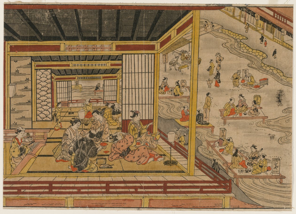 Tea House Beside the Kamo River in Kyoto by Nishimura Shigenaga