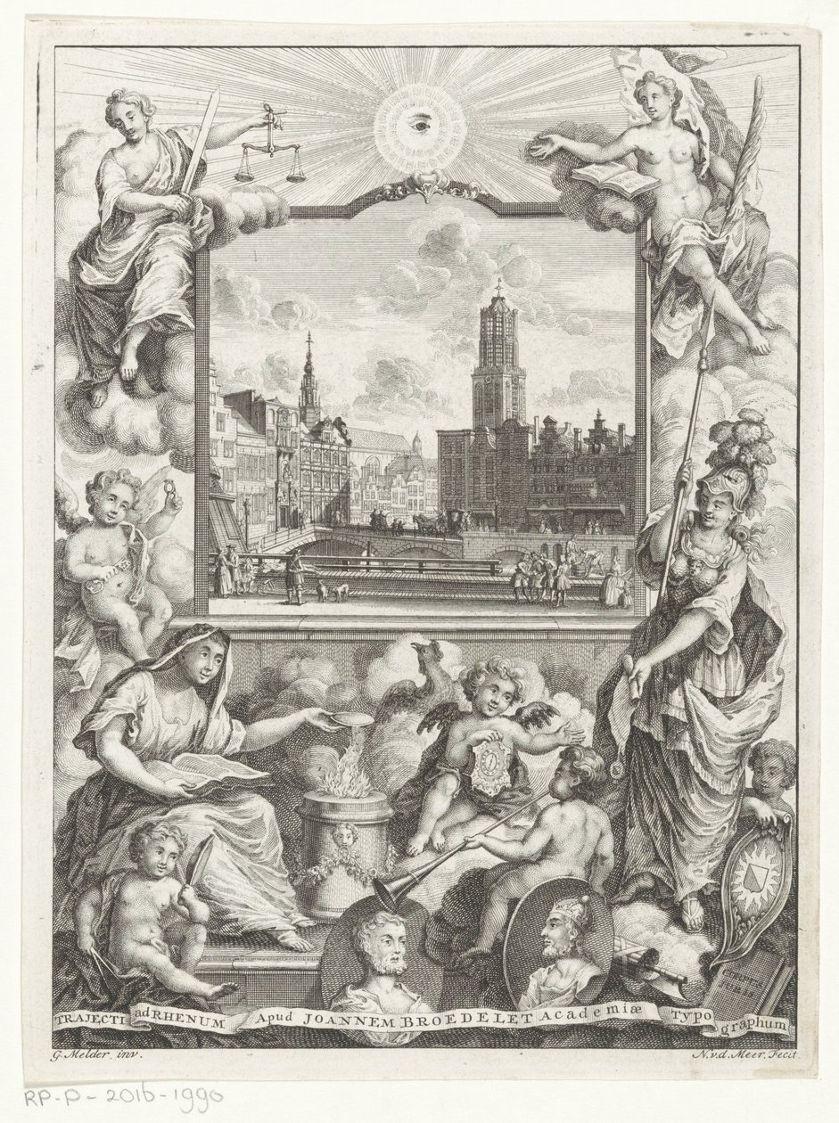 City View with Dom Church in Utrecht and Allegory with Utrecht City Maiden, Title Page for: Elias de Vries, Dissertatio Juridica, de Jure Naturali ac Gentium, seu Duobus Prioribus Juris Fontibus, 1745 by Noach van der Meer (I)