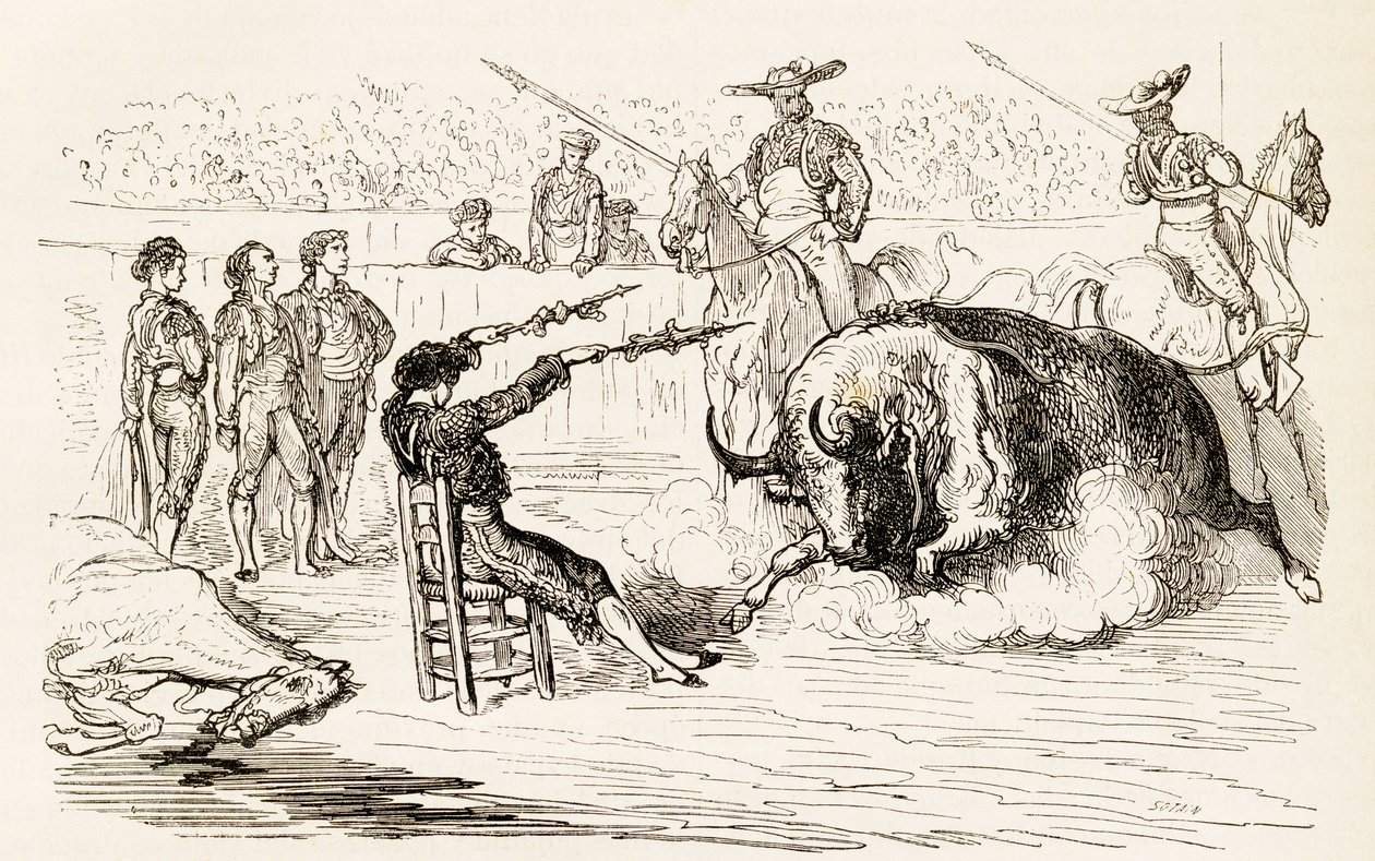 A Spanish Banderillero placing the Banderillas whilst Seated in a Chair, 1878 by Noel Eugene Sotain