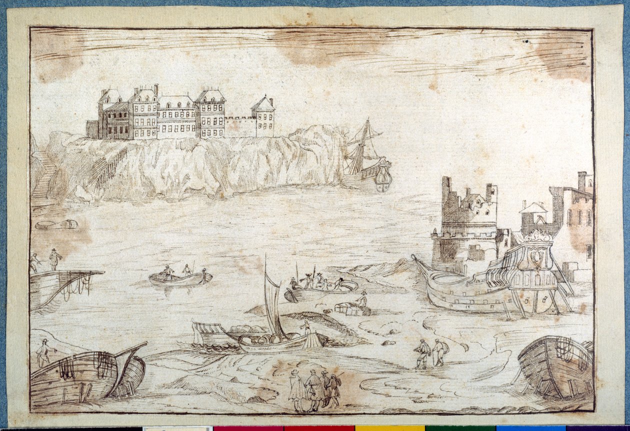 A Castle Surmounting Cliffs, with Studies of Galleons and Fishing Boats by Noel Gasselin