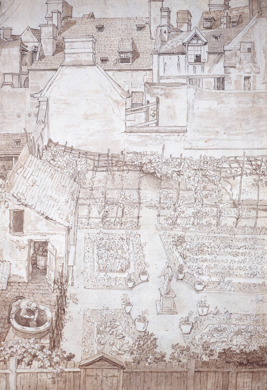 A Garden of a Town House, with Parterres and Vine Pergola, Enclosed by Buildings, c.1677 by Noel Gasselin