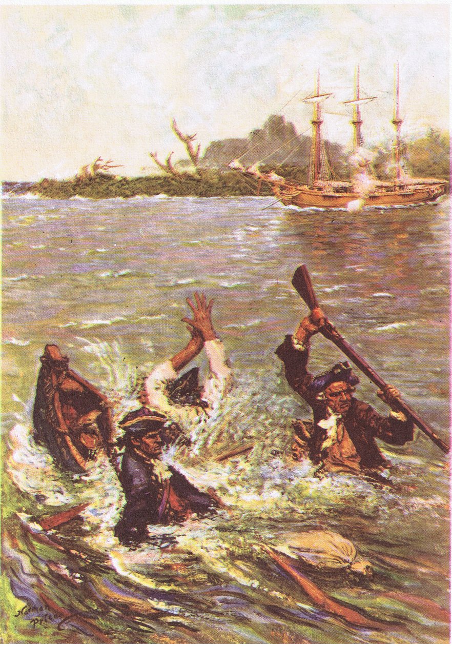 The boat sank by the stern in three feet of water, from Treasure Island published by MacDonald 1947 by Norman Mills Price