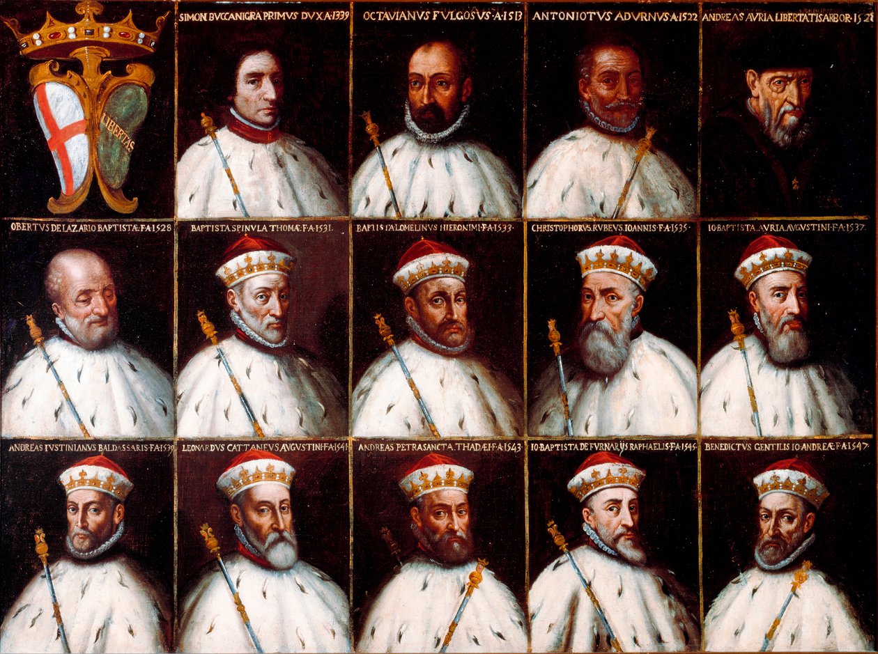 Coat of Arms of the Republic of Genoa and Portraits of the Doges - Simone Boccanegra, Ottaviano Fregoso, Antoniotto II Adorno, Andrea Doria, Oberto Cattaneo Lazzari, Battista Spinola, Battista Lomellini, Cristoforo Grilaldi Rosso, Giovanni Battista Doria by Northern Italian School