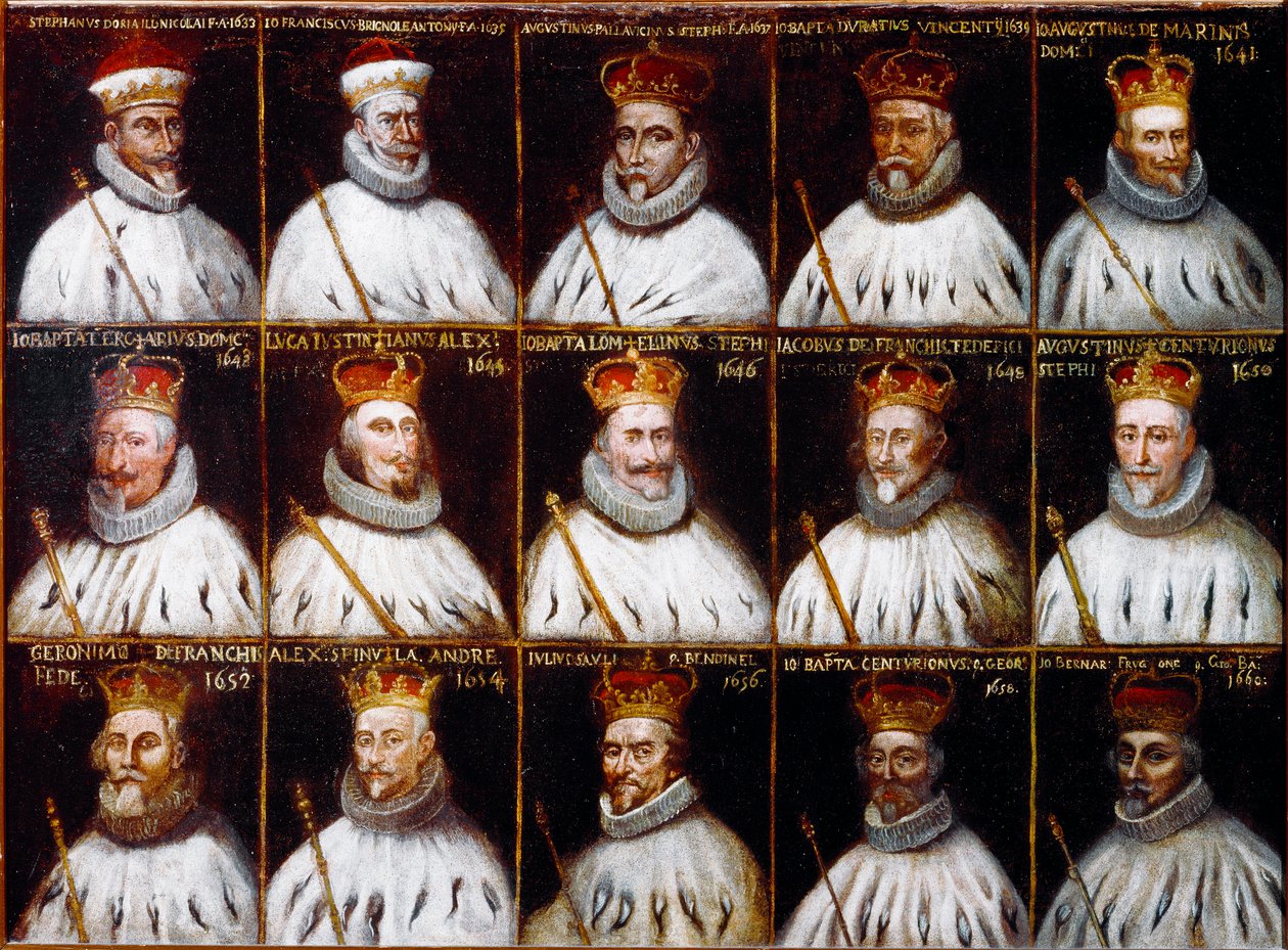 Coat of arms of the Republic of Genoa and portraits of the Doges. Giovanni Stefano Doria, Francesco Gio. Brignole Sale, Agostino Pallavicini, Giov.Battista Durazzo, Agostino Giovanni De Marini, Giovan Battista Lercari, Luca Giustiniani, Giovanni Battista L by Northern Italian School