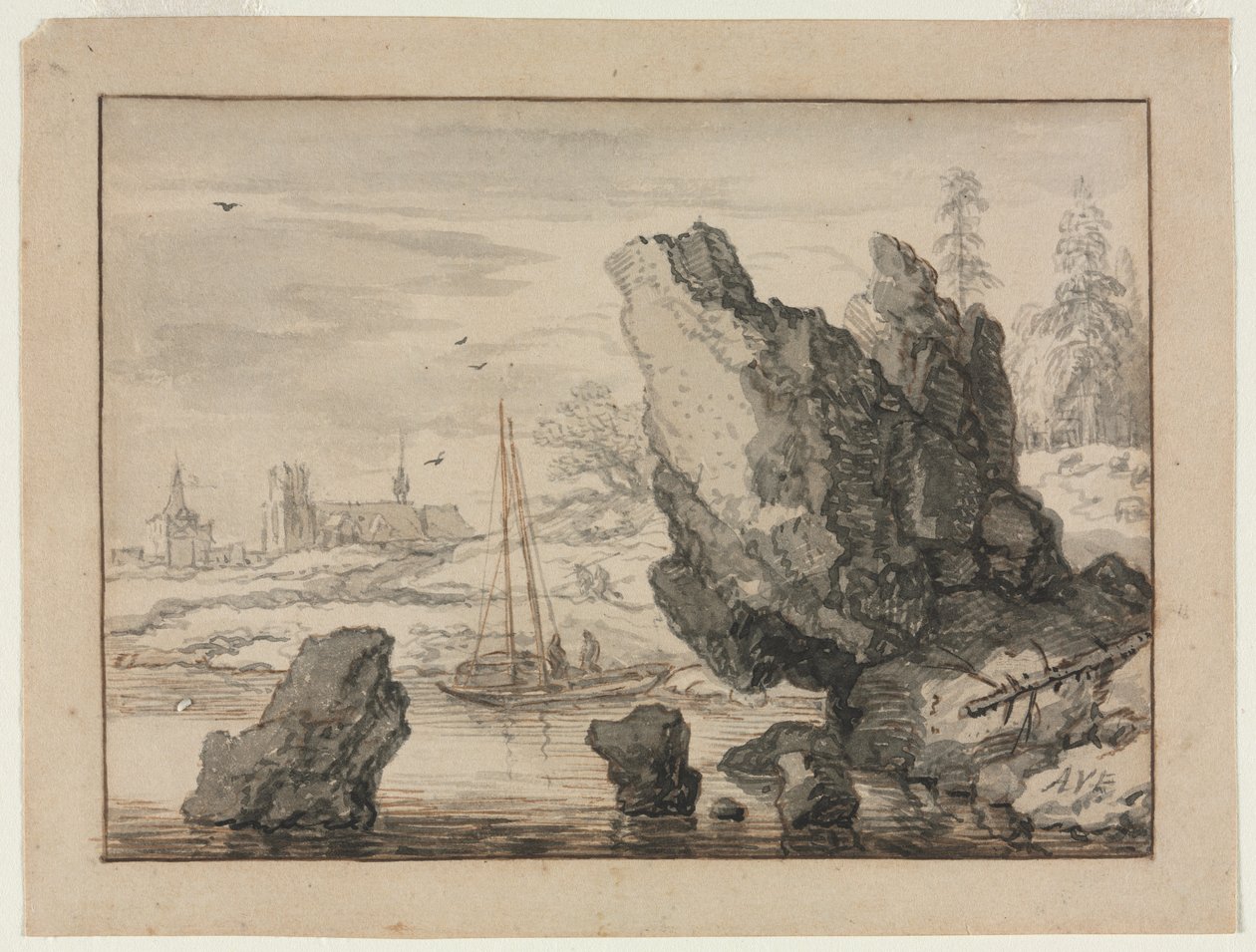 A Rocky Cove with Fishing Boats by Nymphenburg Porcelain Factory