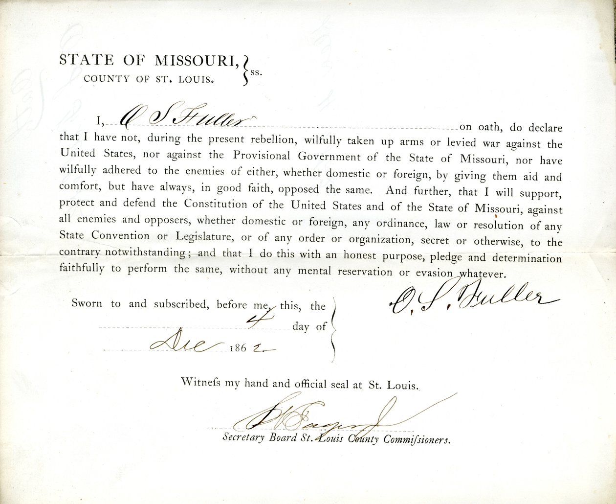 Loyalty Oath of O. S. Fuller of Missouri, County of St. Louis by O.S. Fuller