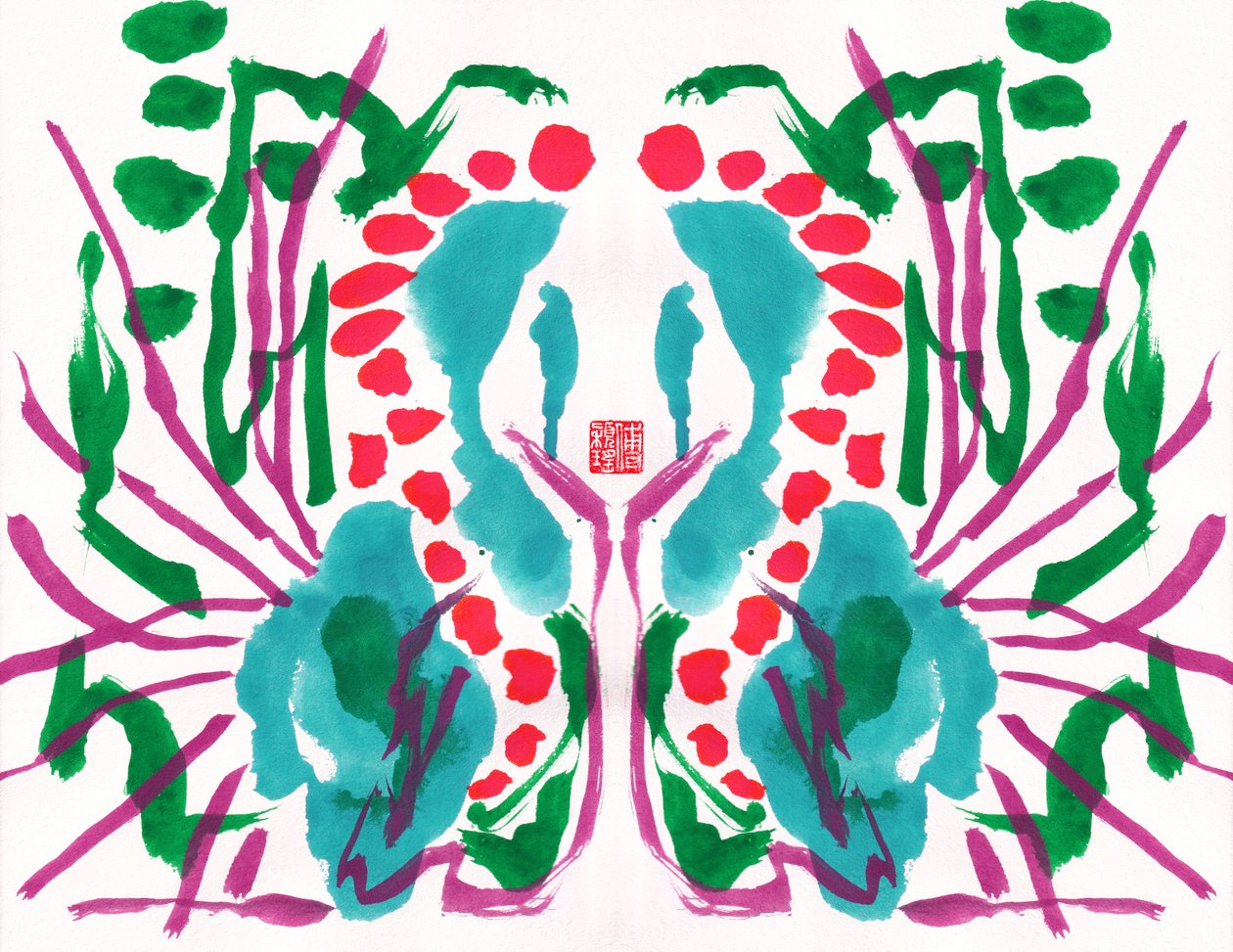 Peacock Green Red Floral Pattern by Odilia W. Y. Fu