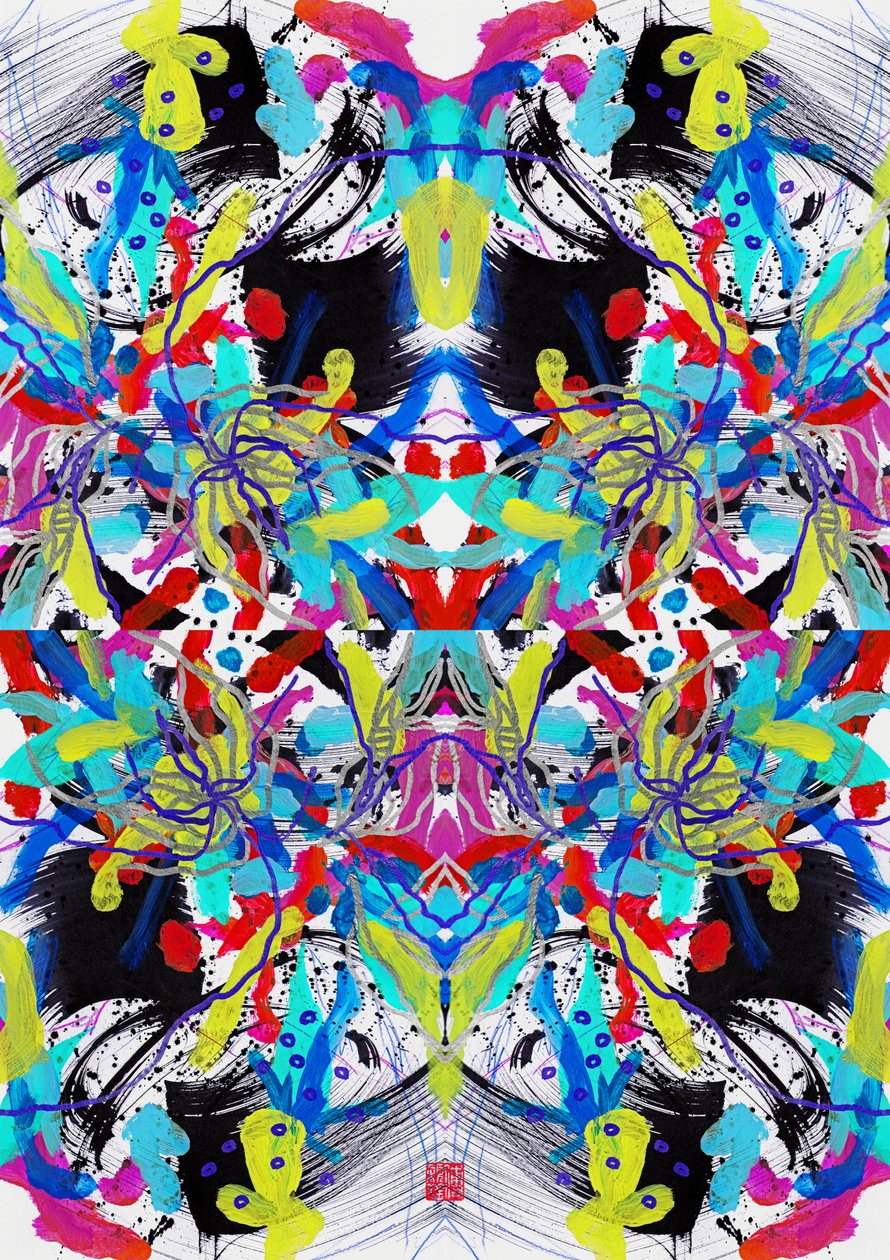 Zen Ink Blue Red Yellow Floral Pattern by Odilia W. Y. Fu