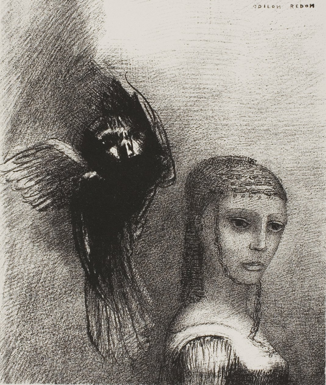 And a Large Bird, Descending From the Sky, Hurls Itself Against the Topmost Point of Her Hair (plate 3 of 10) by Odilon Redon