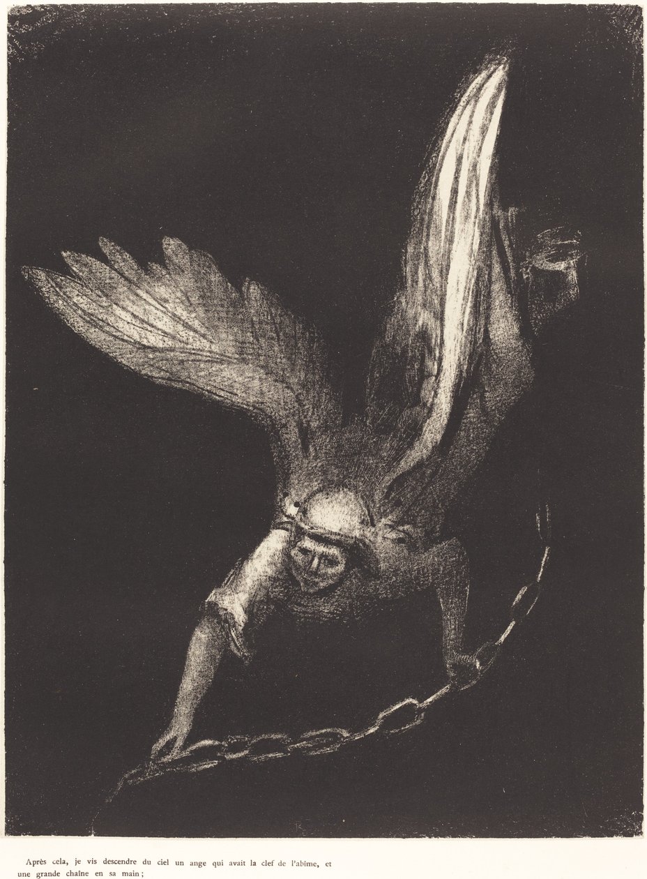 And I saw an angel come down from heaven, having the key of the bottomless pit and a great chain in his hand by Odilon Redon