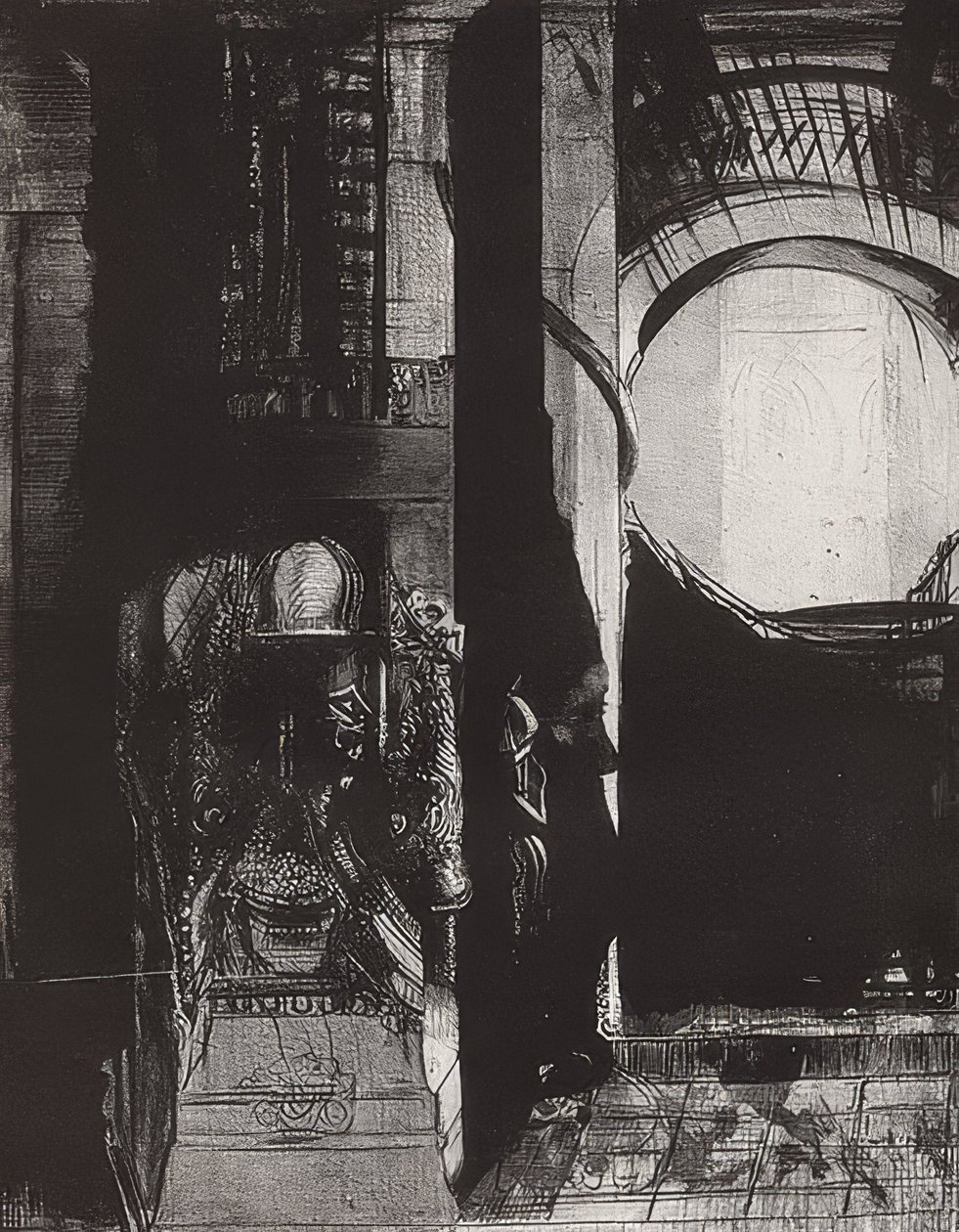And Everywhere There Are Columns of Basalt, The Light Falls from the Vaults, Plate 3 from the Series The Temptation of Saint Anthony by Odilon Redon