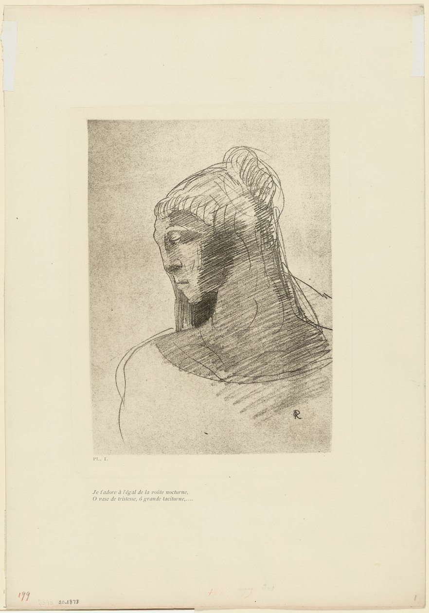 I Adore You as I Adore the Vault of the Night Sky, O Vessel of Sadness, O Tall Silent Woman, Plate 2 of 9 by Odilon Redon