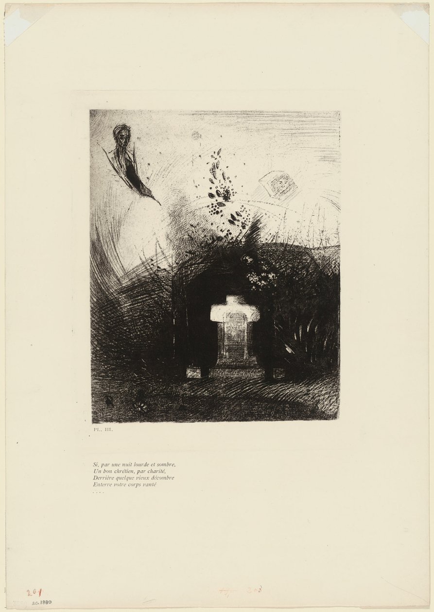 If On a Close Dark Night a Good Christian, Out of Charity, Behind Some Old Ruin, Buries Your Arched Body, plate 4 of 9 by Odilon Redon