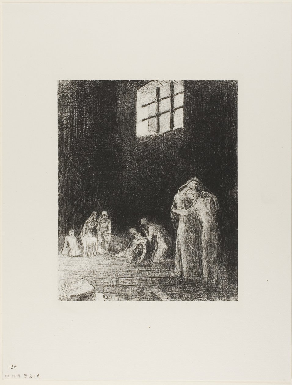 In the Shadow Are People, Weeping and Praying, Surrounded by Others Who Are Exhorting Them, Plate 6 of 24 by Odilon Redon