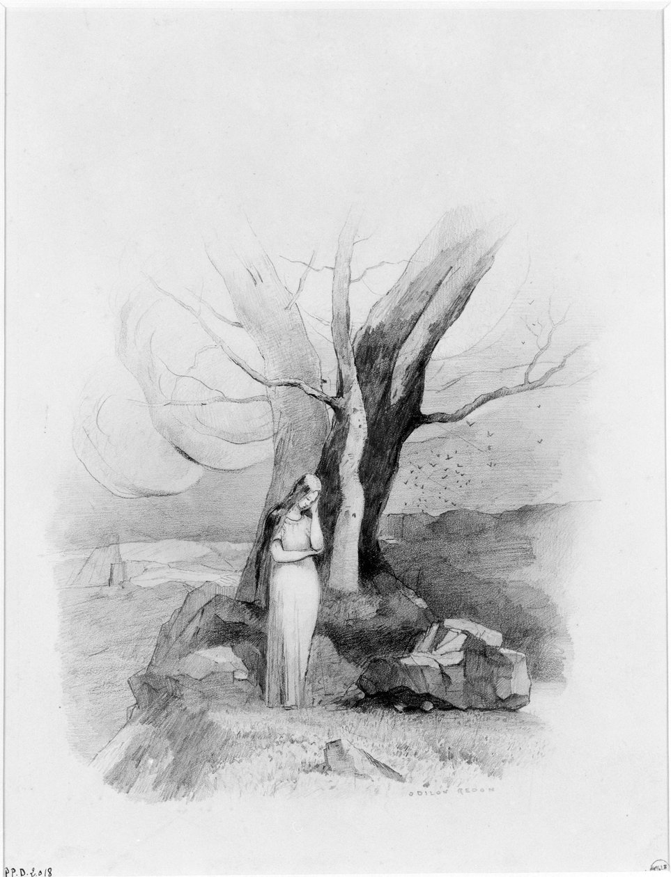 Young Girl Standing at the Foot of a Clump of Trees by Odilon Redon