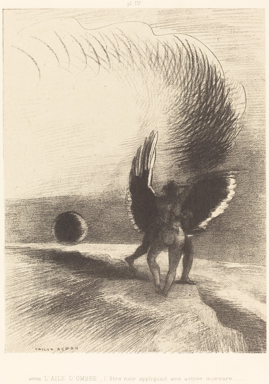 Beneath the Wing of Shadow the Black Creature Was Biting Energetically by Odilon Redon