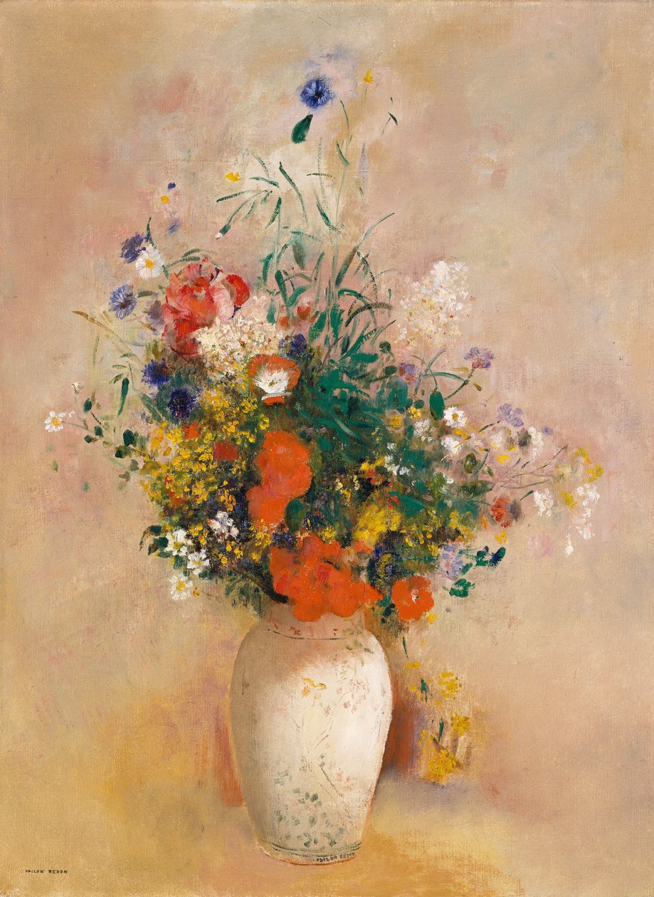 Vase of Flowers (Pink Background) by Odilon Redon