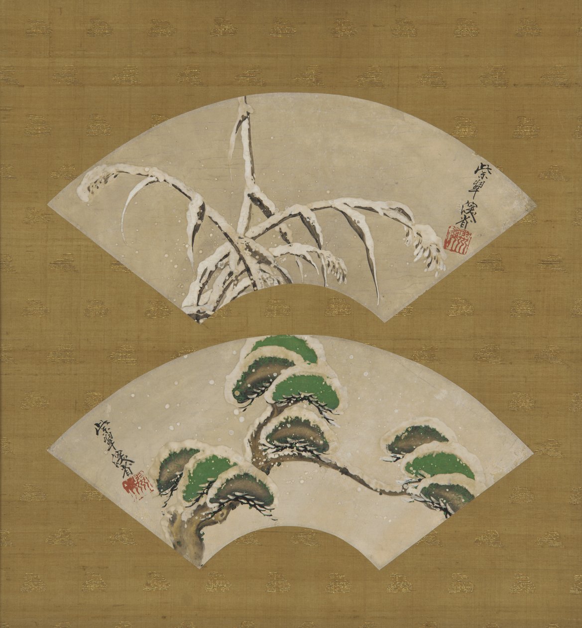 Snow-Laden Grasses and Snow-Laden Pine Branches, Fan by Ogata Kenzan