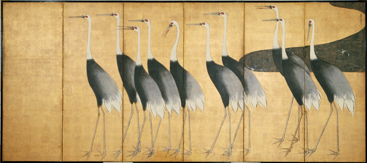 Six-Panel Screen Depicting Cranes, Edo Period by Ogata Korin