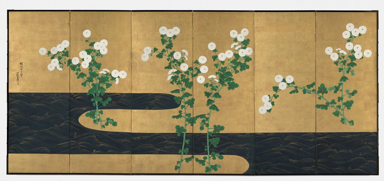 Chrysanthemums by a Stream, pair of six-panel folding screens by Ogata (follower of) Korin