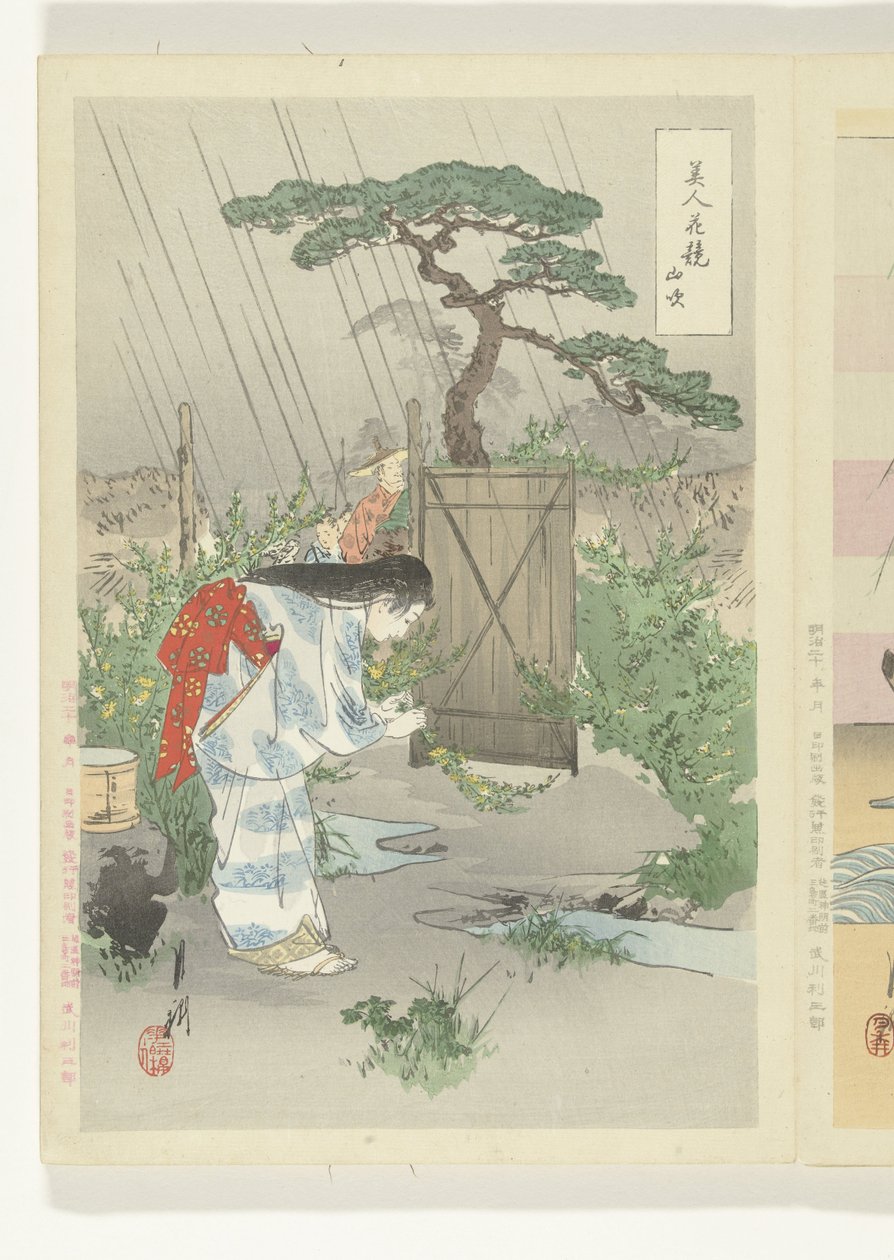 Woman Bending Over Yamabuki Bush by Ogata Gekko