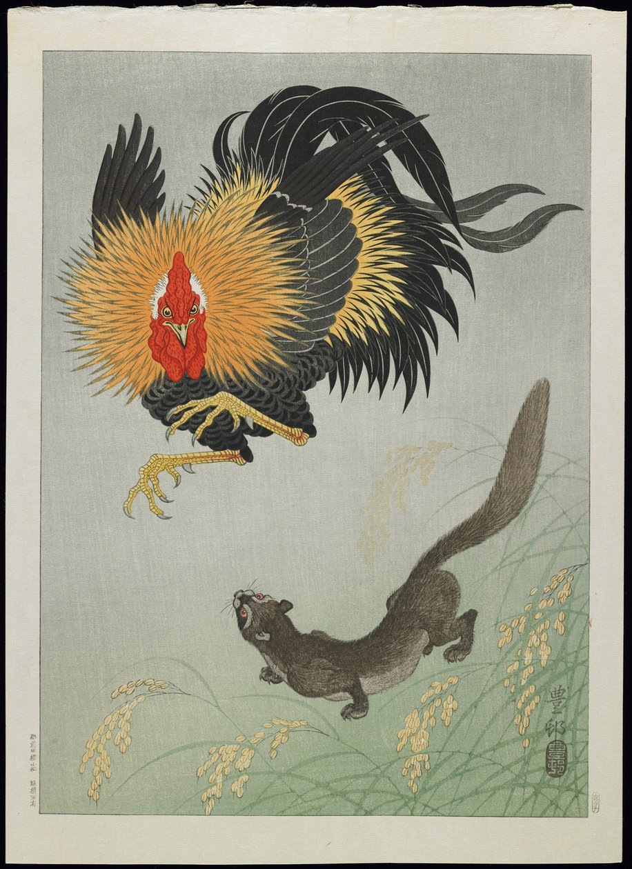 Rooster and Weasel by Ohara Koson
