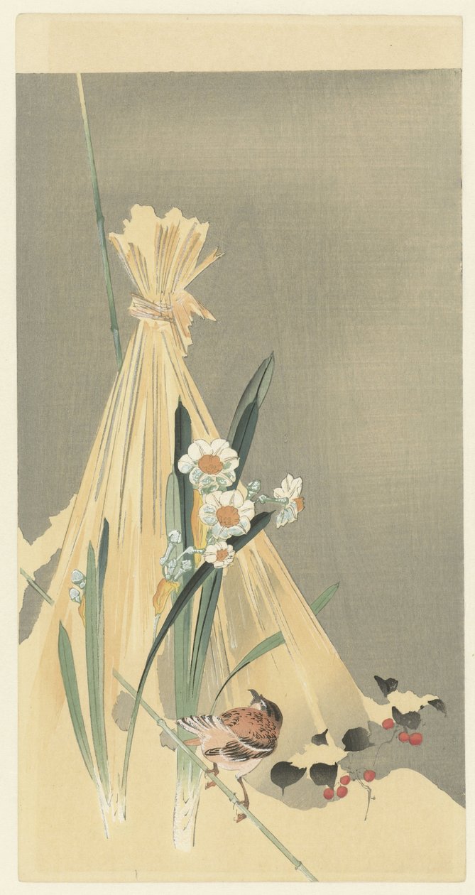 Songbird by a Hay Bundle by Ohara Koson (attributed to)