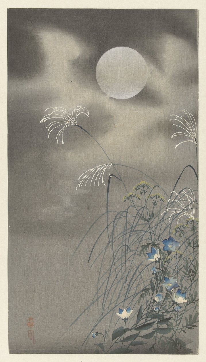 Grasses and Flowers by a Full Moon by Ohara Koson