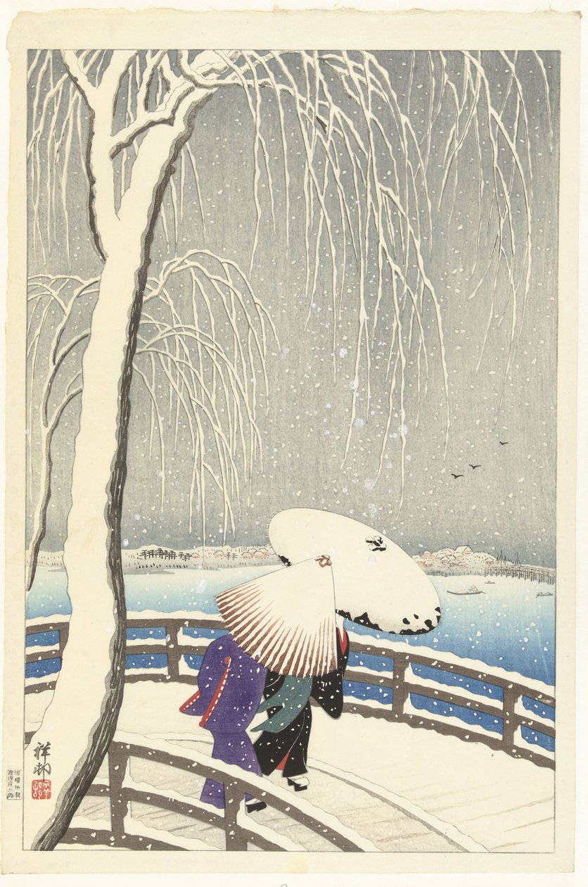 In the Snow on Yanagibashi by Ohara Koson