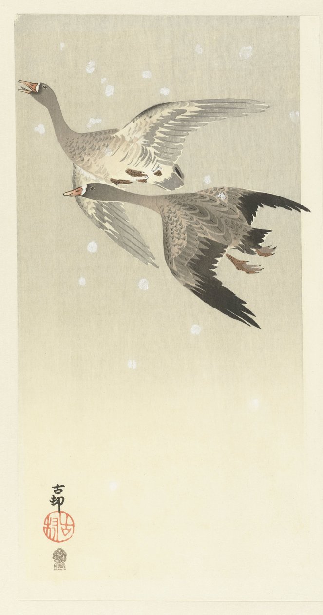 Barnacle Geese Flying in the Snow by Ohara Koson